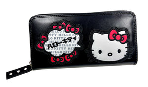 Hello Kitty Pleather and Nylon Wallet, Black and Red, 3-sidedZipper, Full Size, 2 sides for cards and center zipper pouch for security items.